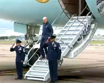 Joe Biden deplanes Air Force One by smaller stairs