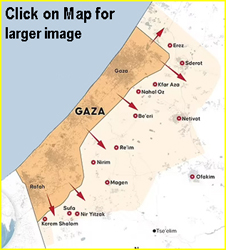 Map showing the area  of Israel attacked by Hamas